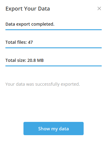 Процесс экспорта — кнопка Show my data